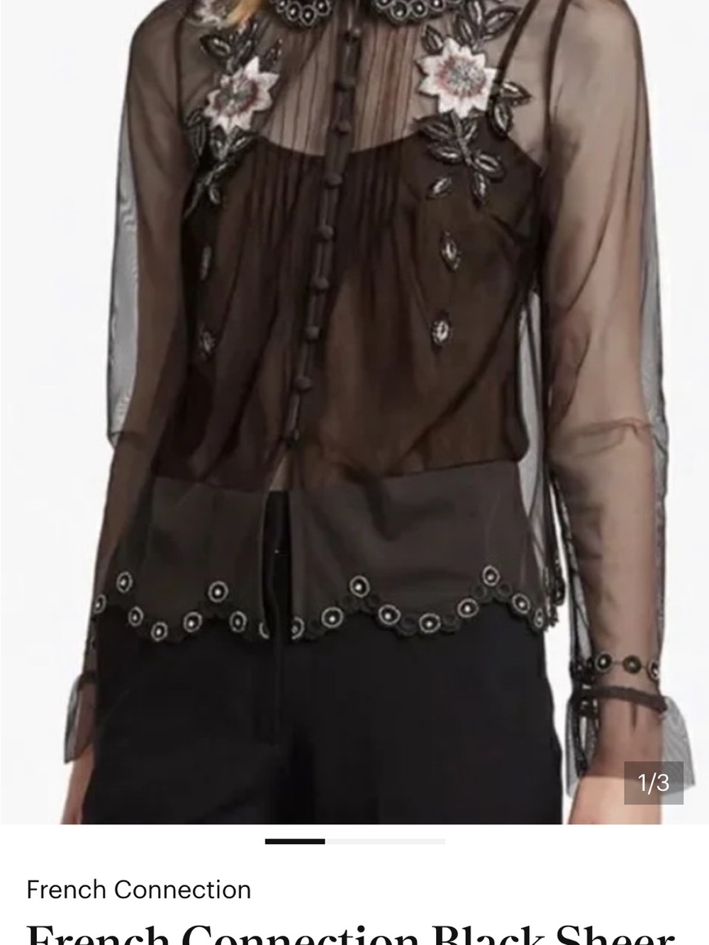 French Connection Sheer Black Embroidered Floral Button-Up Top